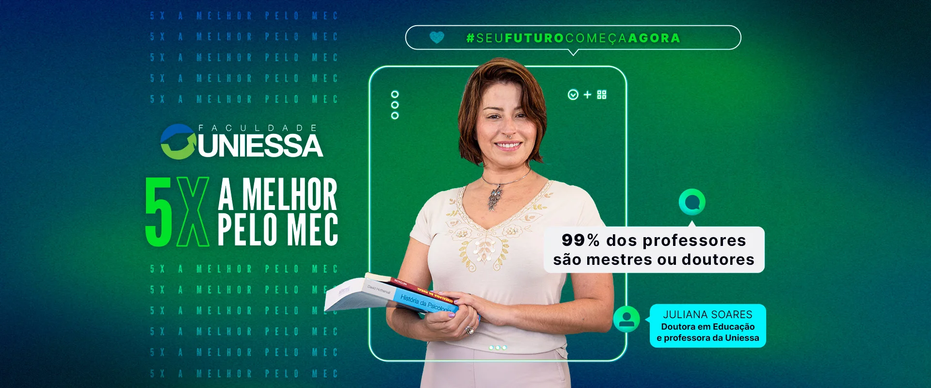 Faculdade UNIESSA, 5x a melhor pelo MEC: 99% dos professores são mestres ou doutores.